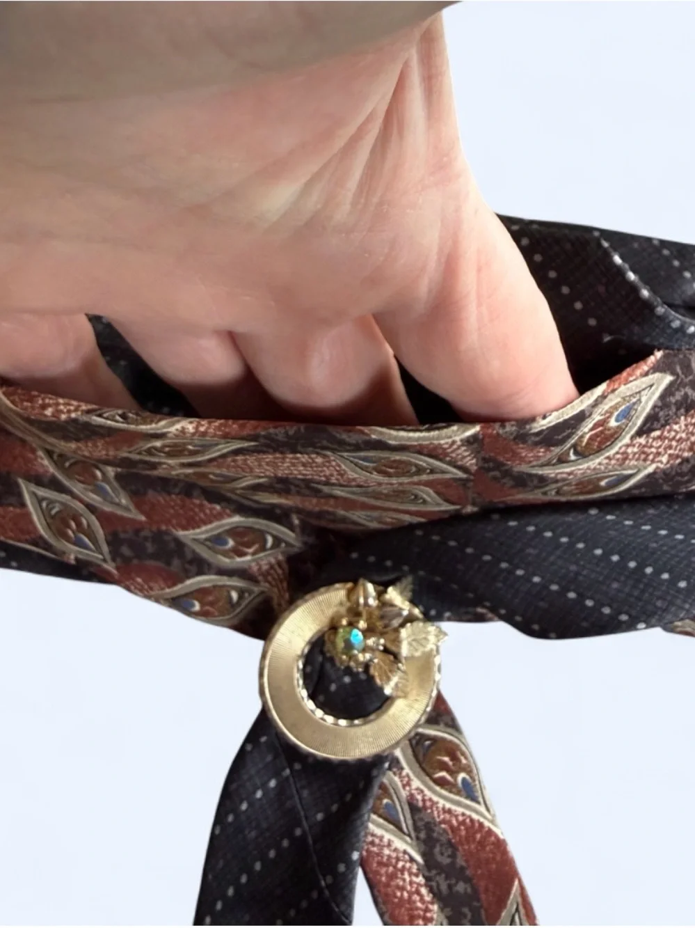 Upcycled Silk Necktie Belt Vintage Brooch,Hidden Pocket, Paisley, Empowered